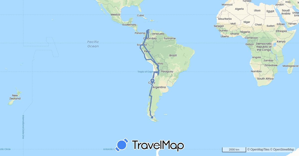 TravelMap itinerary: driving, cycling in Argentina, Bolivia, Chile, Colombia, Ecuador, Peru (South America)